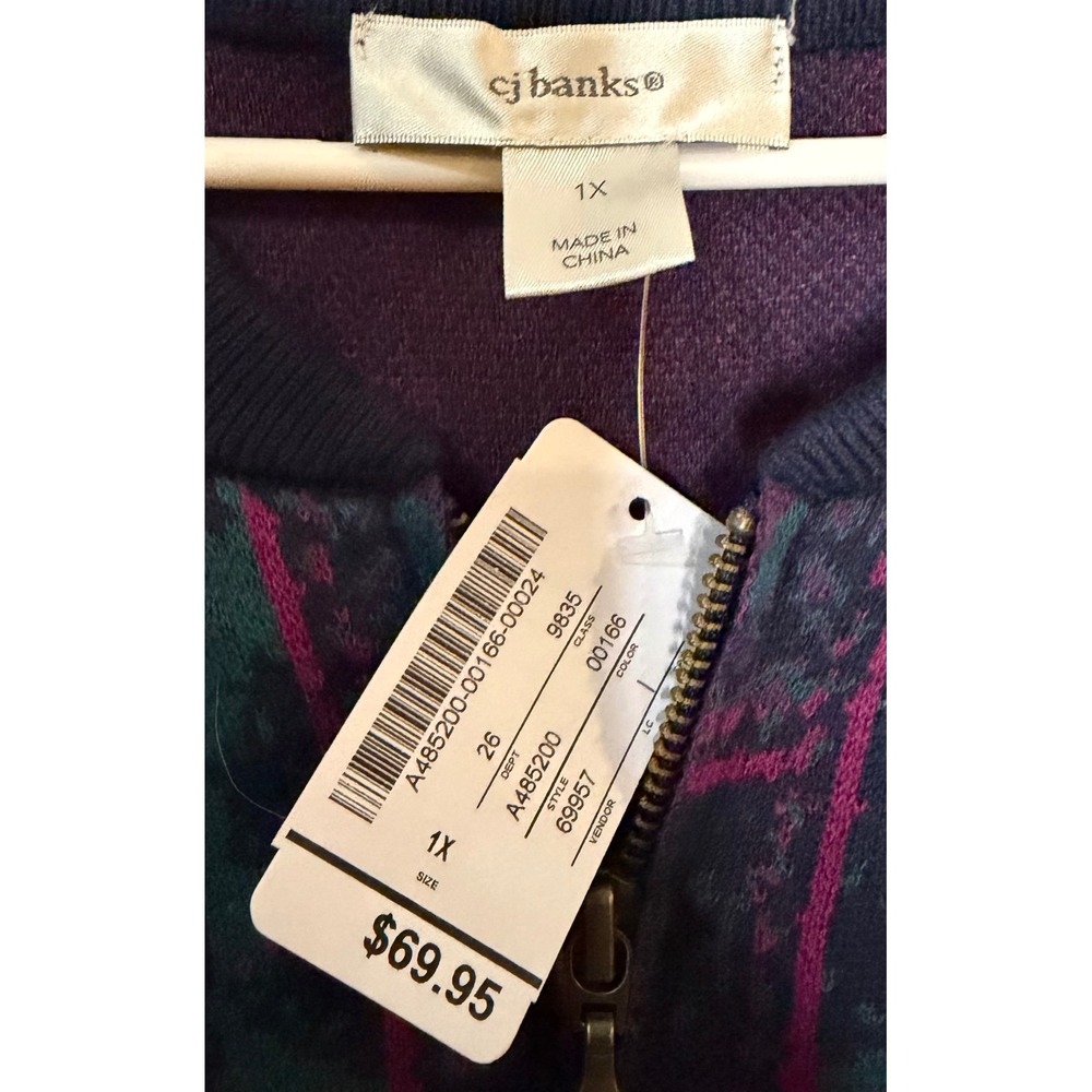 CJ Banks Floral Patchwork Knit Sweater Zip Front Teal Purple‎ Retro Cottagecore - Picture 4 of 10